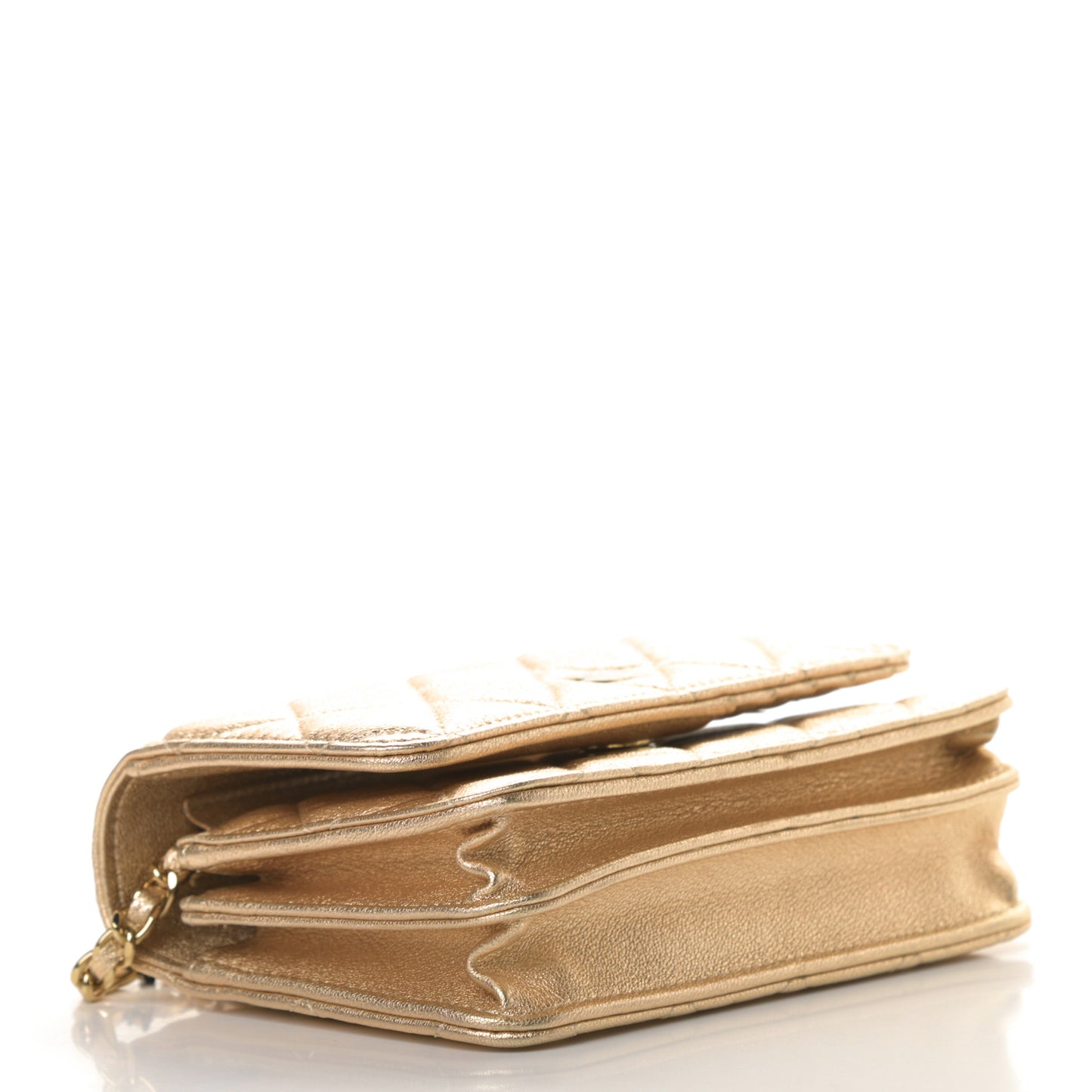 Metallic Lambskin Quilted Mini Wallet On Chain WOC Gold
