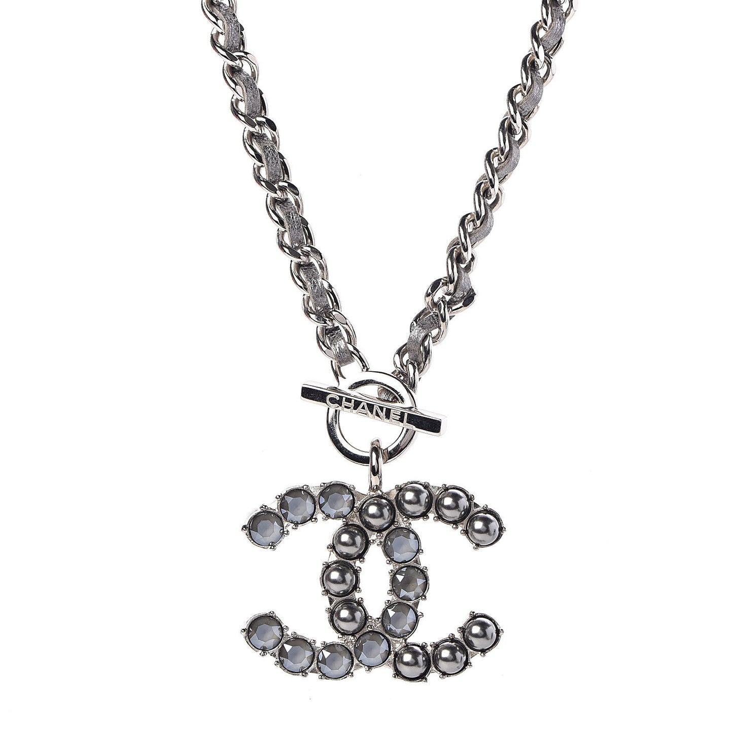 Crystal Beads Lambskin CC Short Necklace Silver