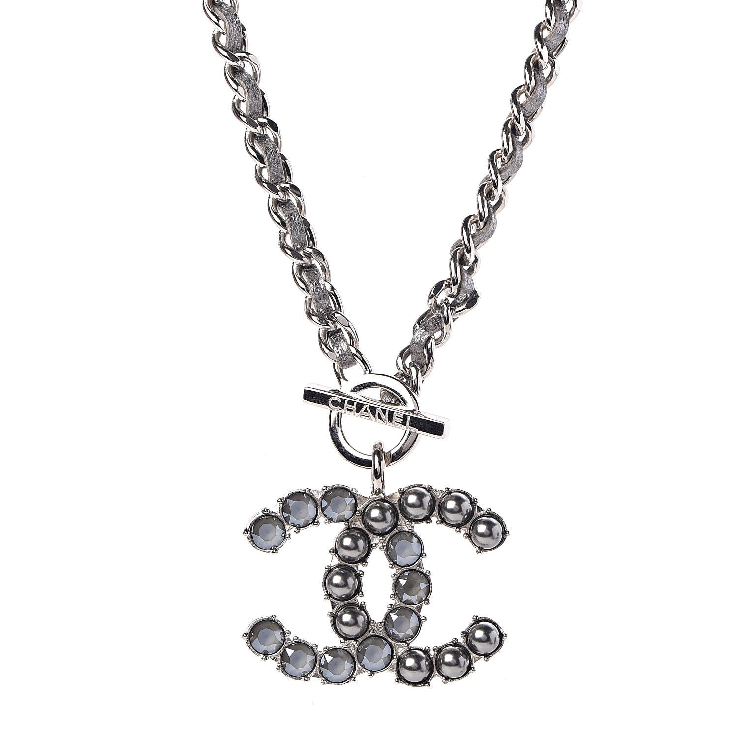 Chanel Crystal Beads Lambskin CC Short Necklace Silver 1 of 6