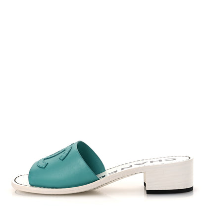 Chanel Calfskin CC Mules 38.5 Turquoise White 1 of 12