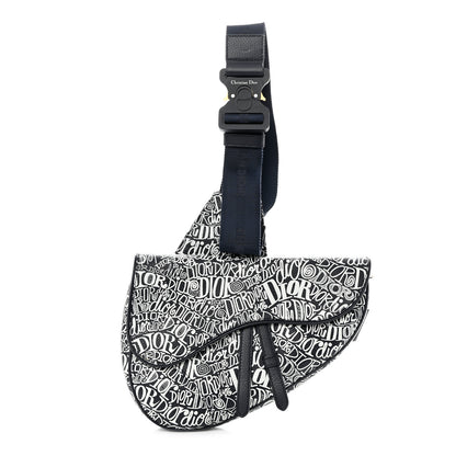 Christian Dior X SHAWN STUSSY Grained Calfskin Printed Mens Saddle Bag Navy Blue 1 of 9