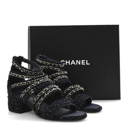 Chanel Metallic Tweed Gladiator Chain Sandals 39 Navy Bronze 19 of 20