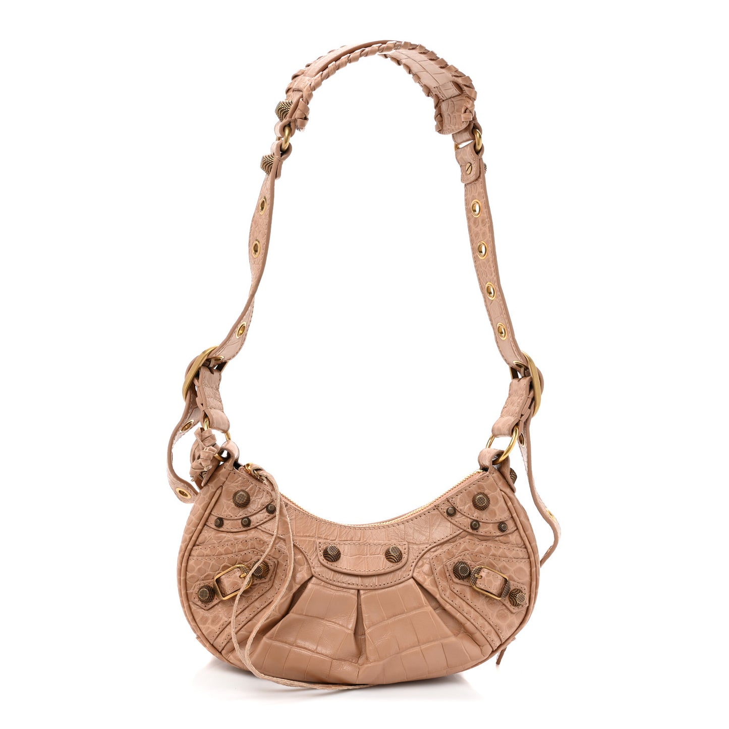 Extra Supple Calfskin Crocodile Embossed Le Cagole Shoulder Bag XS Nude Beige