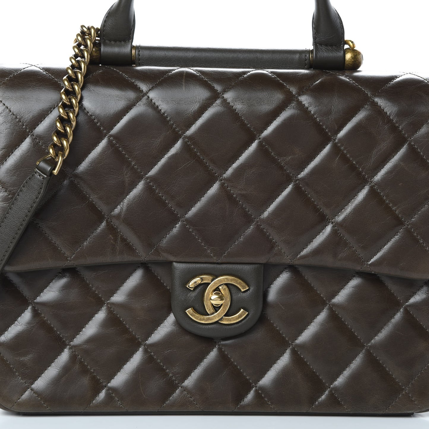 Glazed Calfskin Quilted Large Gold Bar Top Handle Flap Dark Grey