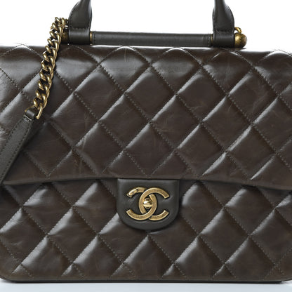 Chanel Glazed Calfskin Quilted Large Gold Bar Top Handle Flap Dark Grey 8 of 14