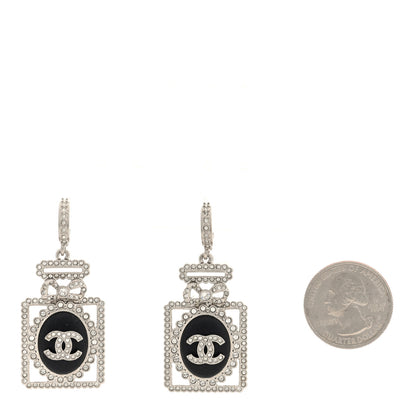 Chanel Metal Lambskin Crystal CC Perfume Bottle Drop Earrings Silver Black 2 of 4