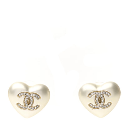 Chanel Pearl Crystal CC Heart Earrings Gold 1 of 4
