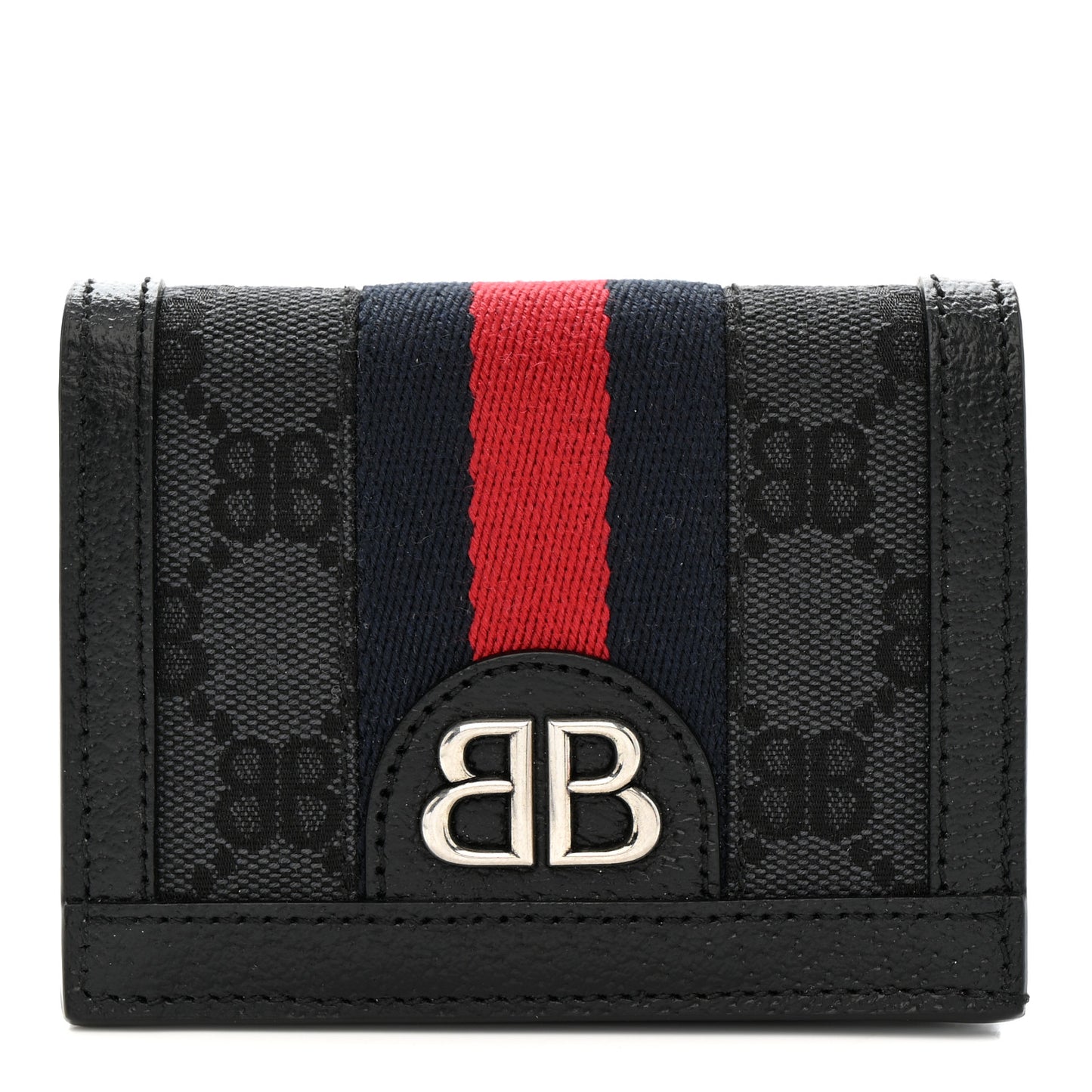 X BALENCIAGA BB Monogram Web Ophidia Card Case Wallet Black