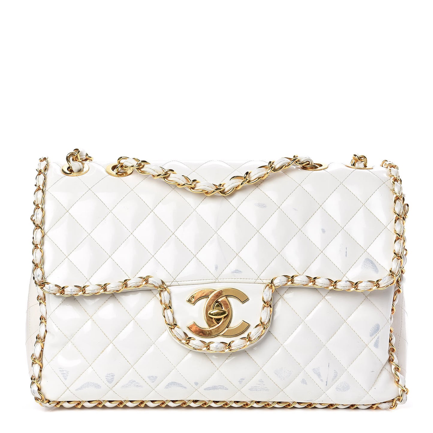 Patent Quilted Jumbo XL Chain Around Flap White
