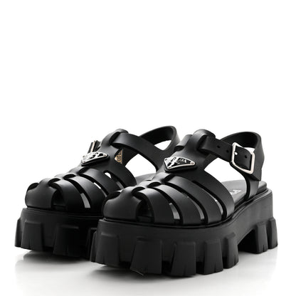 Prada Foam Rubber Triangle Logo Monolith 55mm Cage Sandals 37 Black 3 of 9