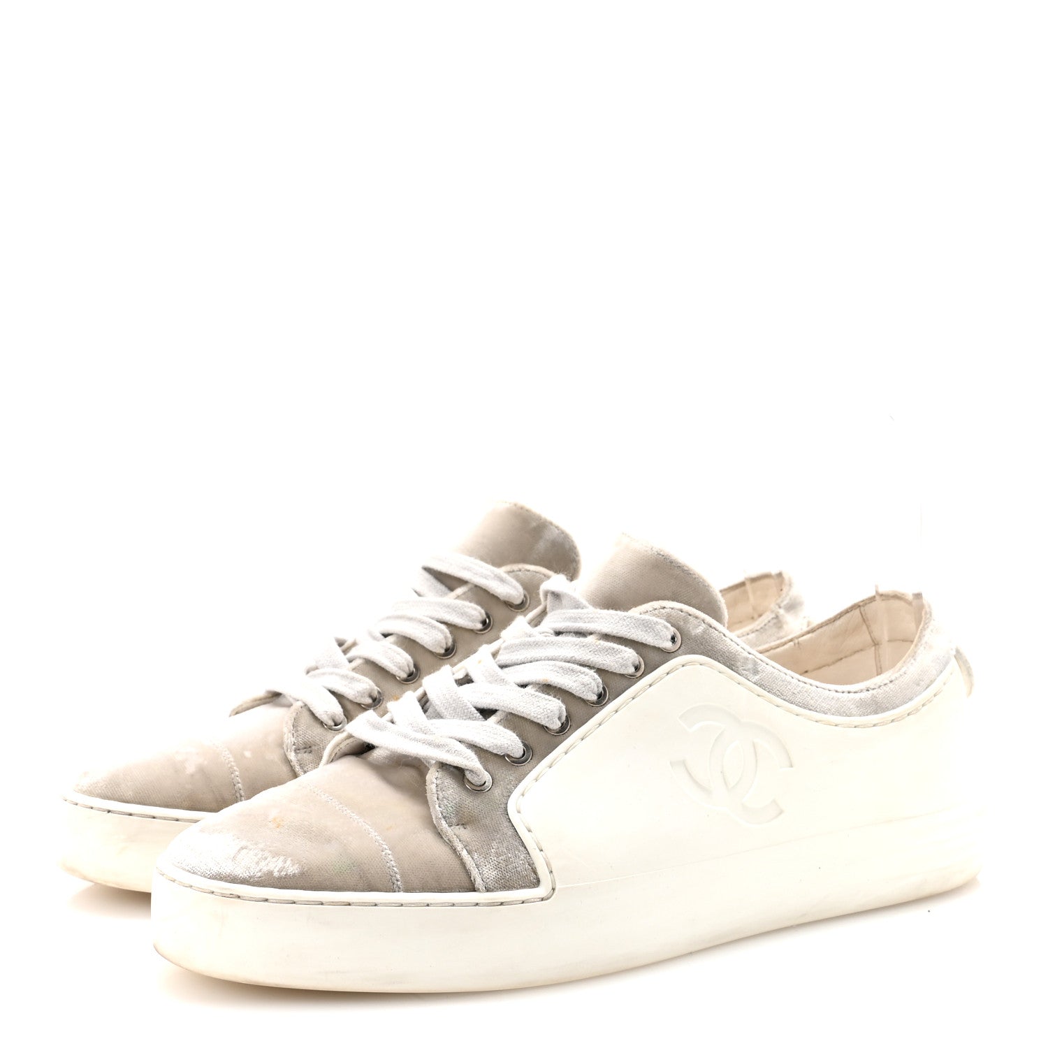 Chanel Calfskin Velvet Womens CC Sneakers 39.5 White Silver 4 of 10