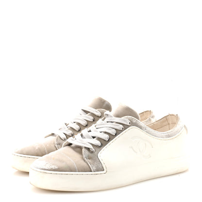 Chanel Calfskin Velvet Womens CC Sneakers 39.5 White Silver 4 of 10