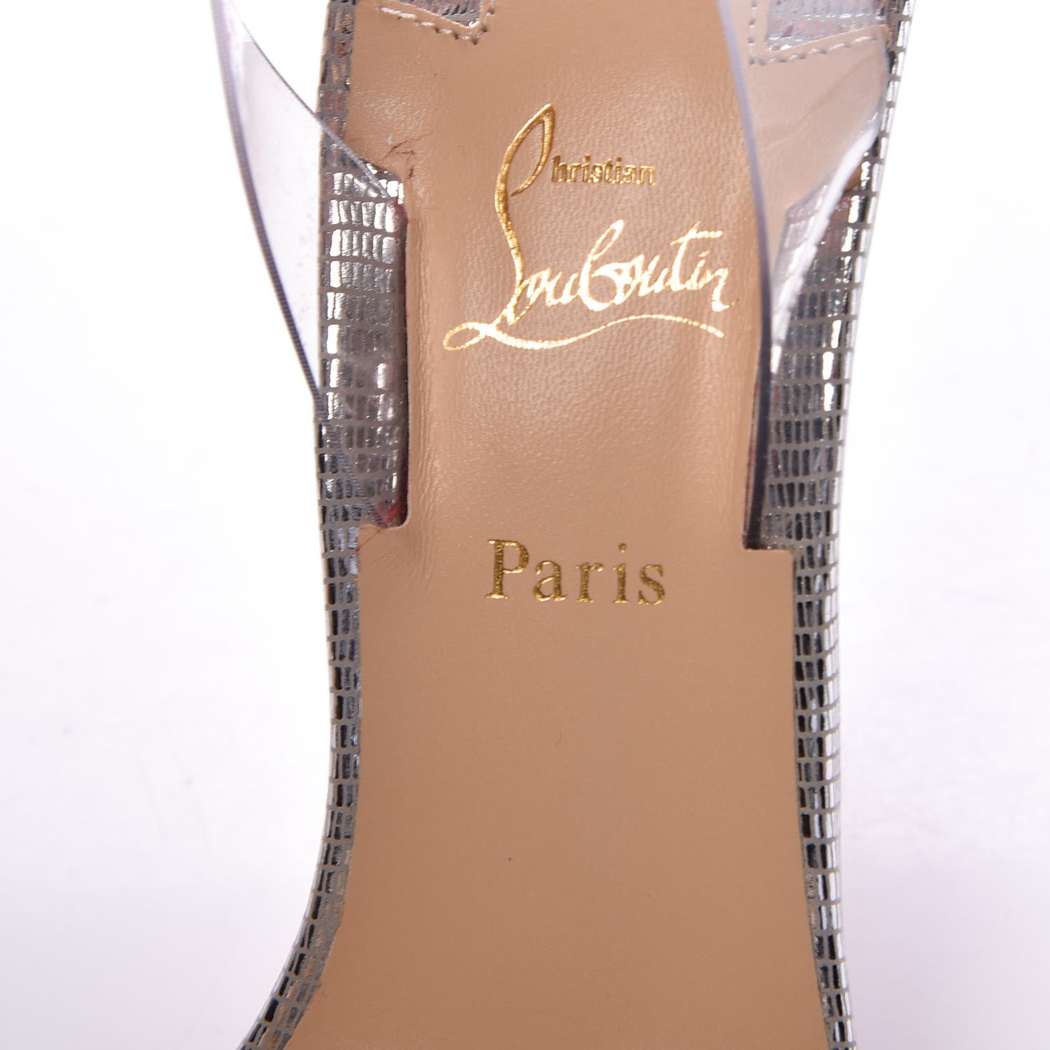 Christian Louboutin Metallic Laminato PVC Embossed Lizard Jonatina Ankle Strap 100 Sandals 35.5 Silver 7 of 8
