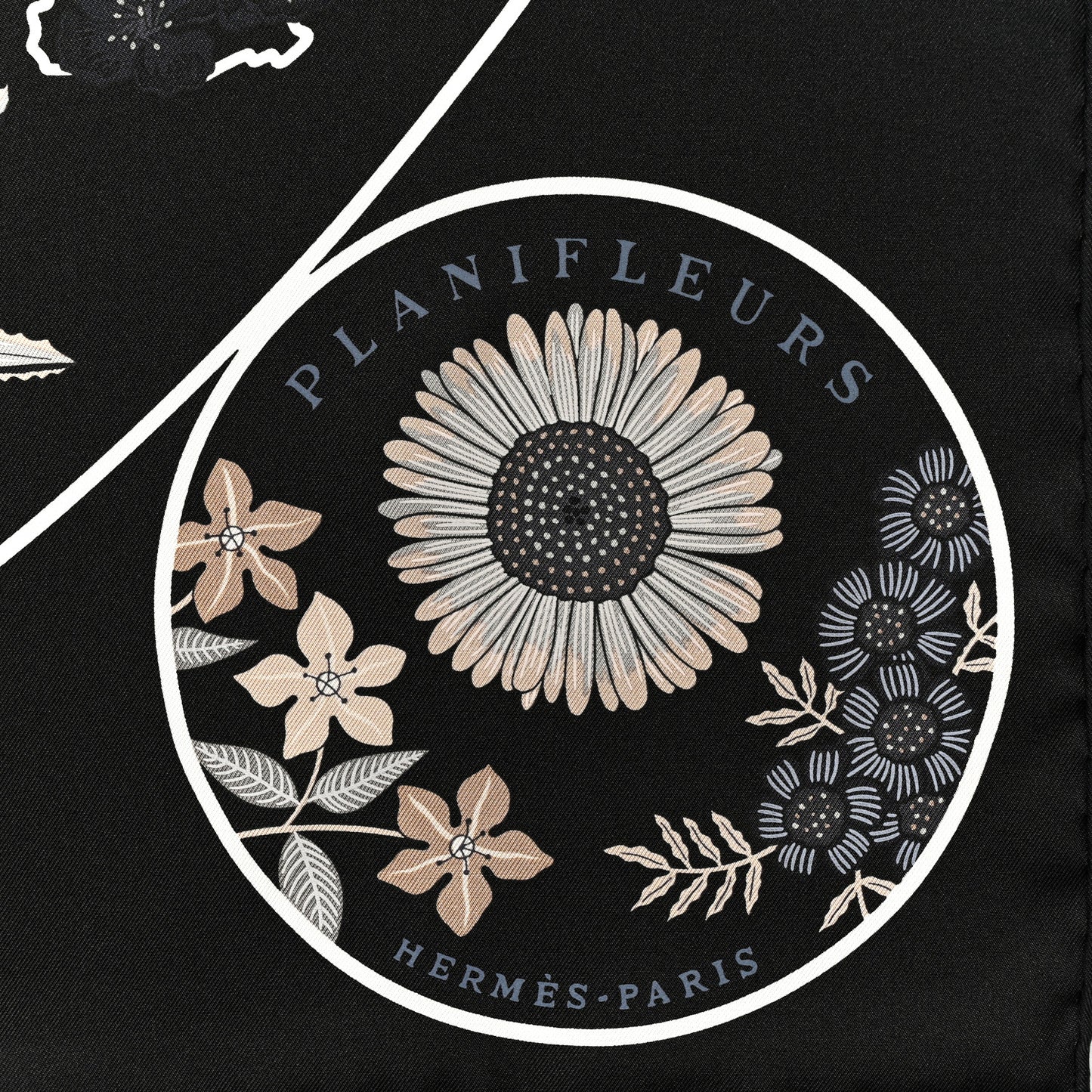Silk Planifleurs Scarf 90 Black Gris Parchemin
