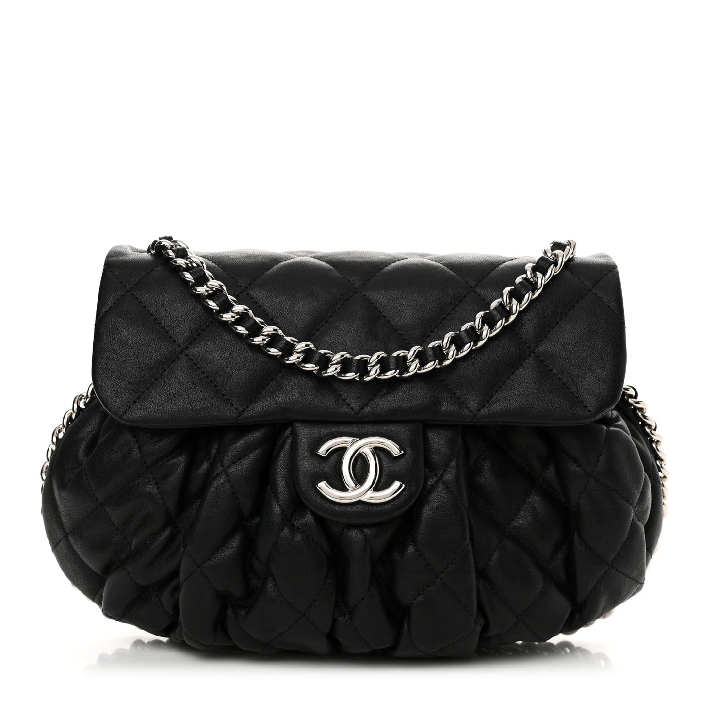 Washed Lambskin Quilted Medium Chain Around Messenger Black