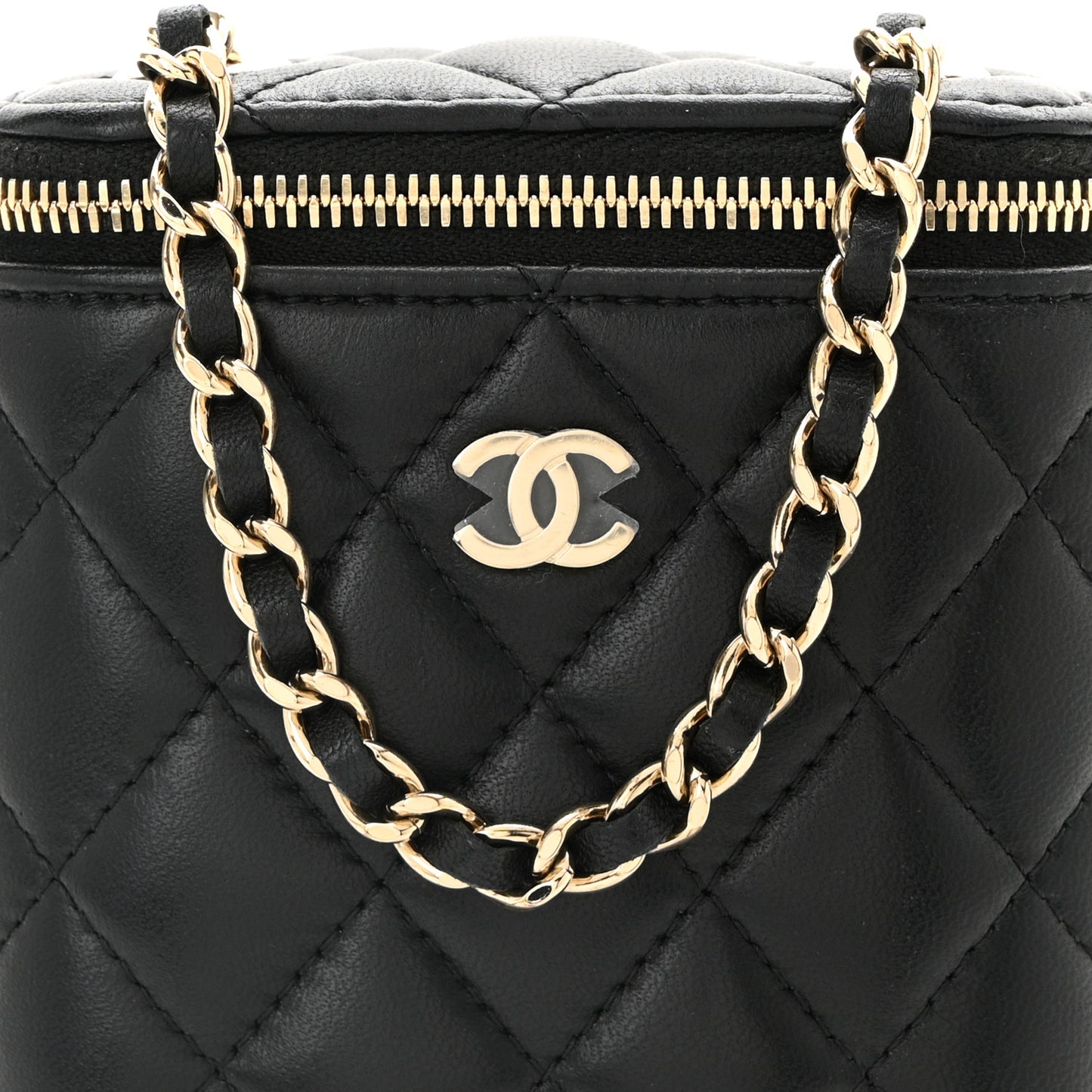 Lambskin Quilted Small Vertical Coco Beauty Vanity Case With Chain Black
