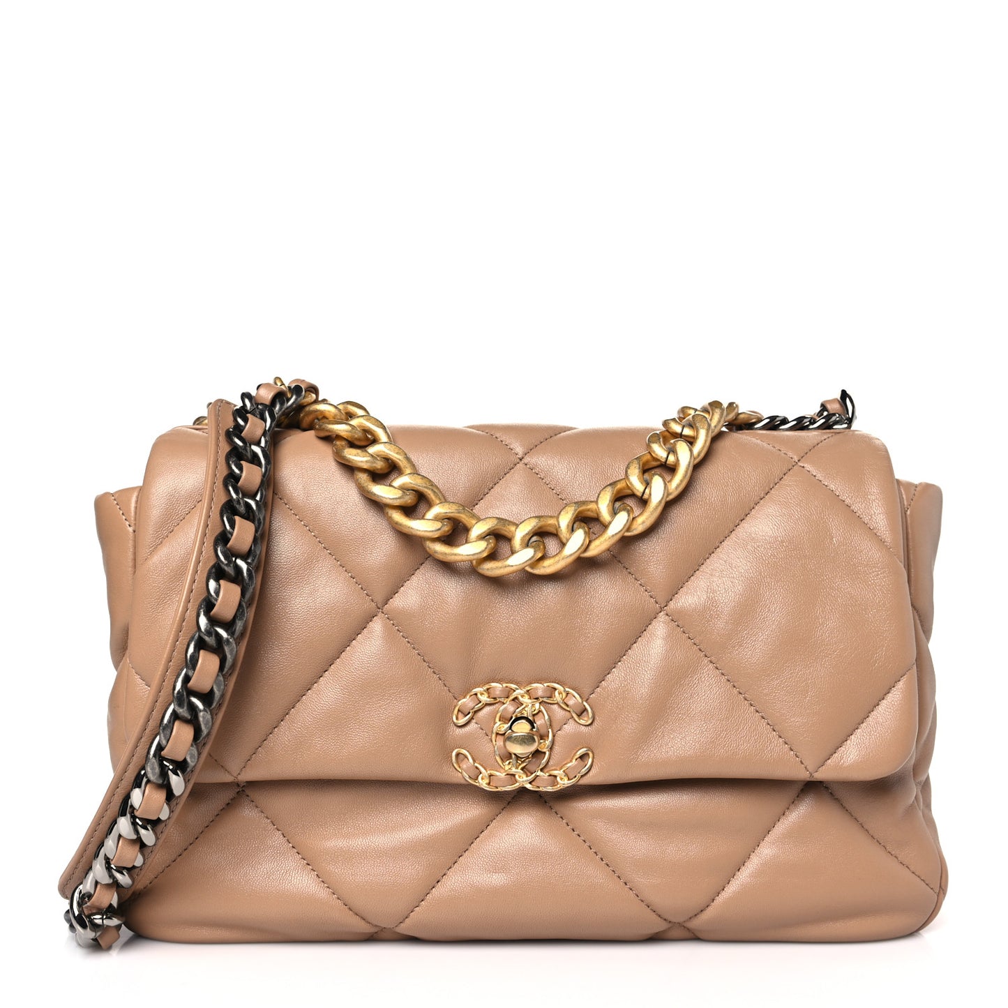 Lambskin Quilted Large Chanel 19 Flap Dark Beige