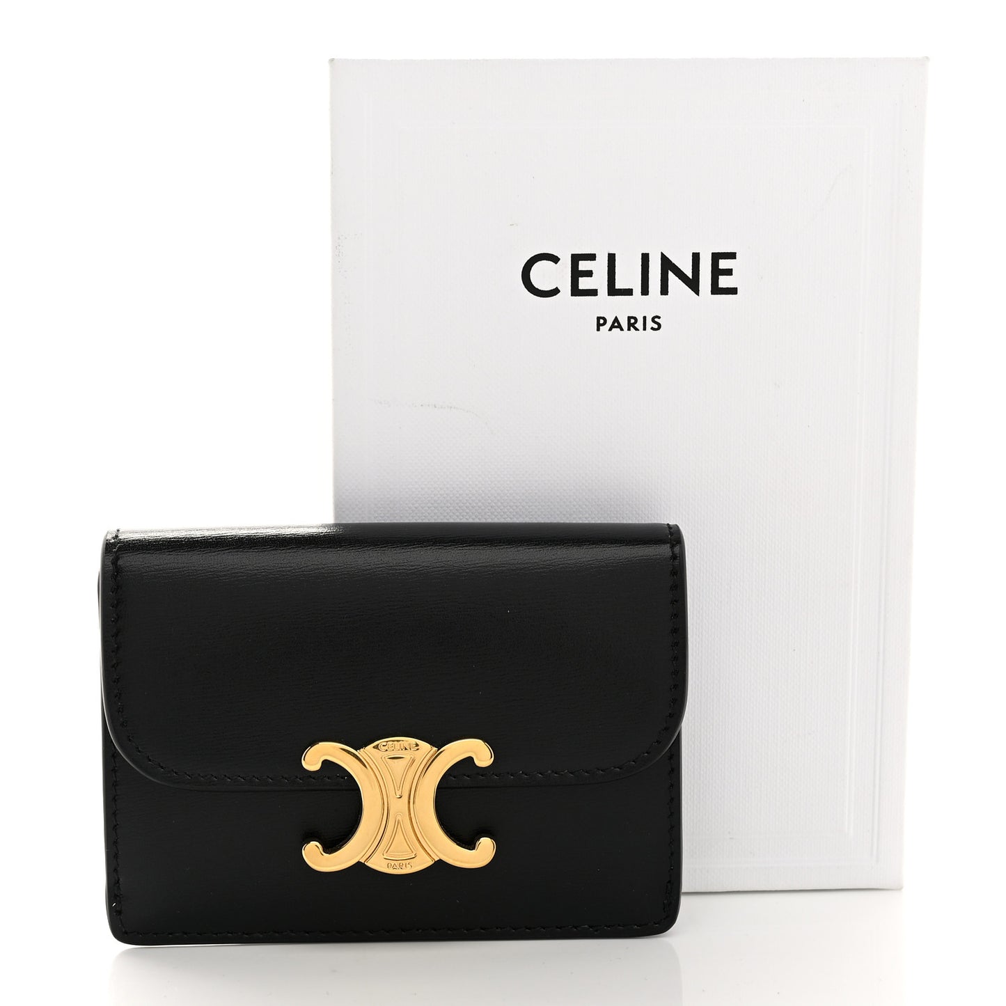 Shiny Calfskin Triomphe Flap Card Holder Black