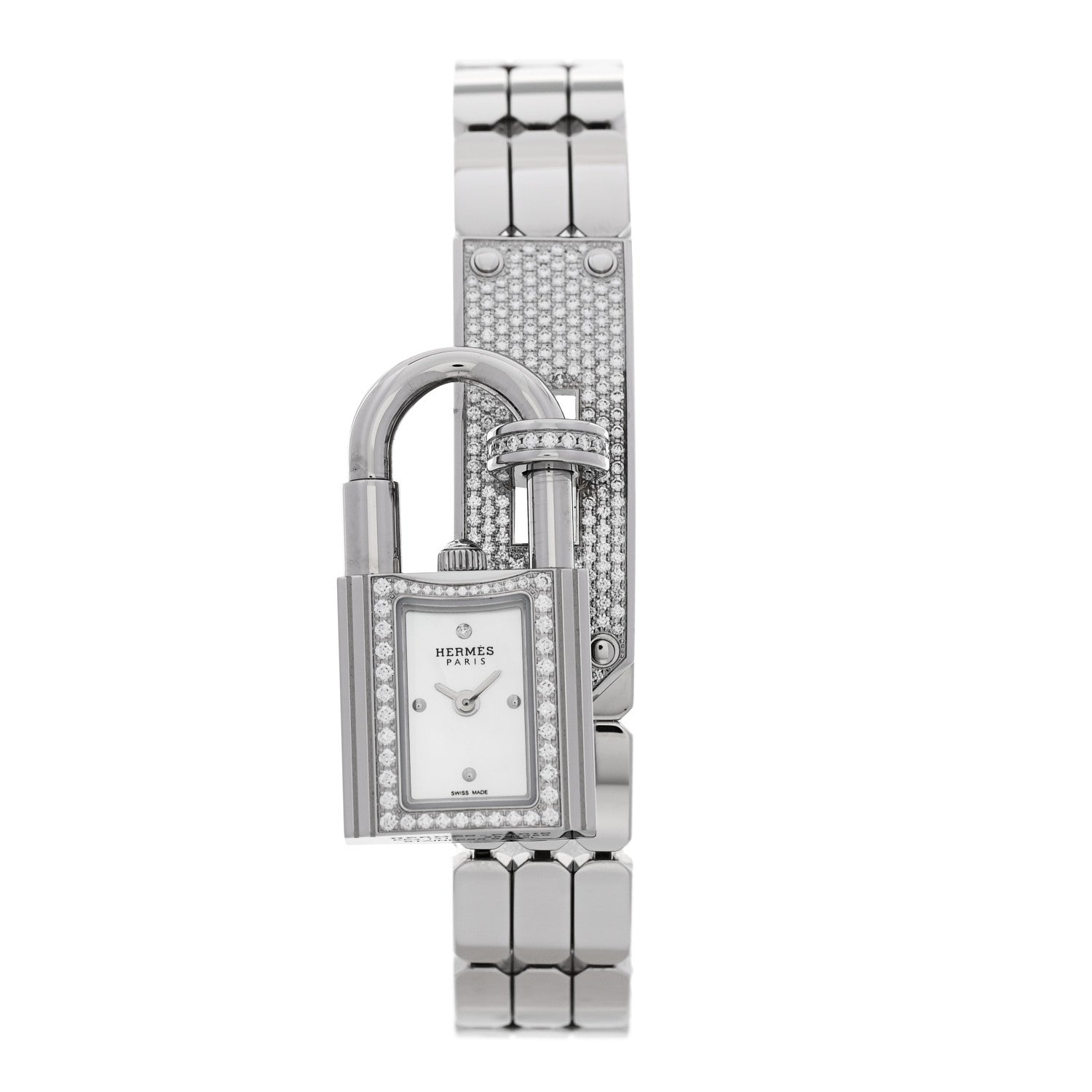 Hermes Stainless Steel Diamond Pave 16mm Kelly Quartz Watch 1 of 6
