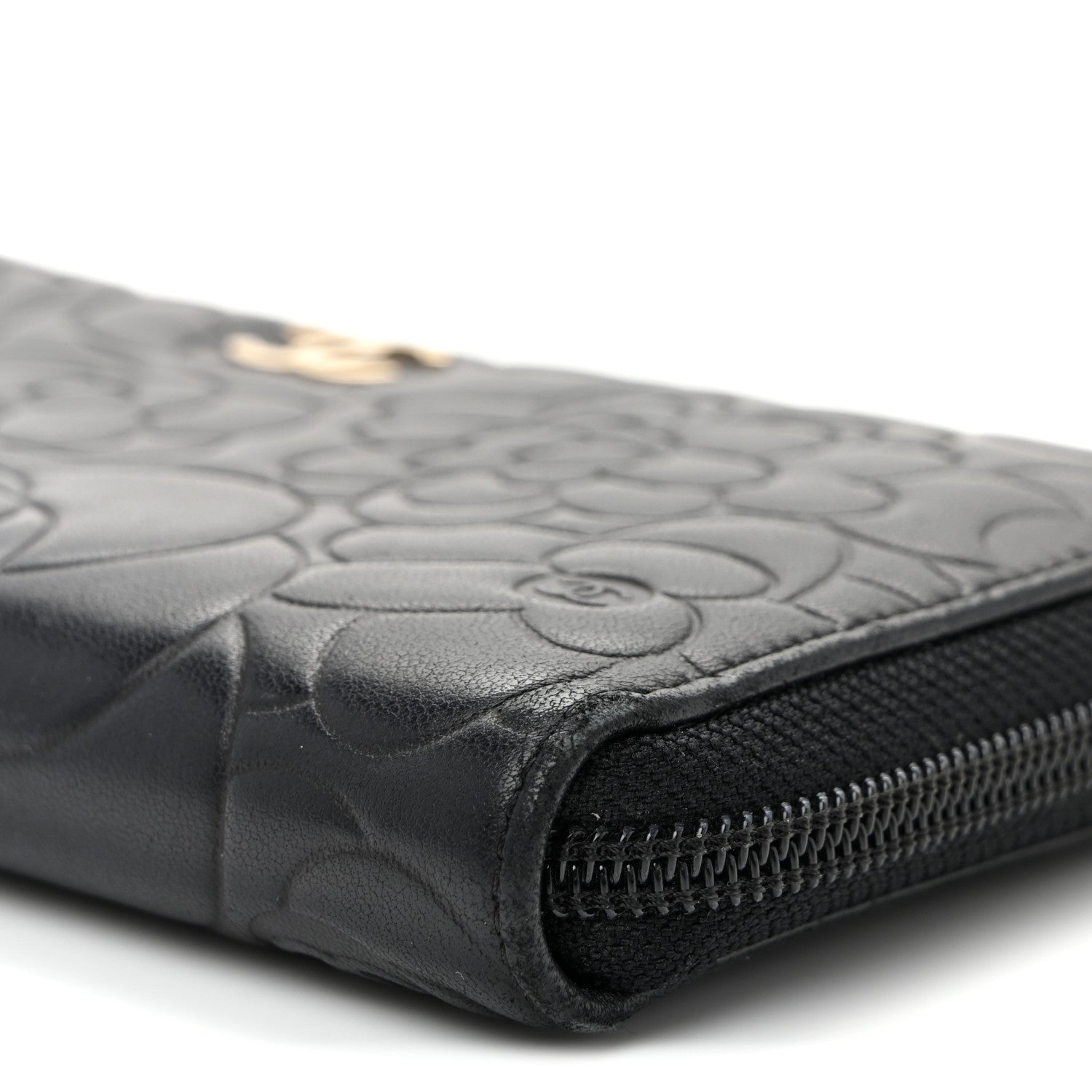 Chanel Lambskin Camellia Embossed Large Zip Around Gusset Wallet Black 11 of 11