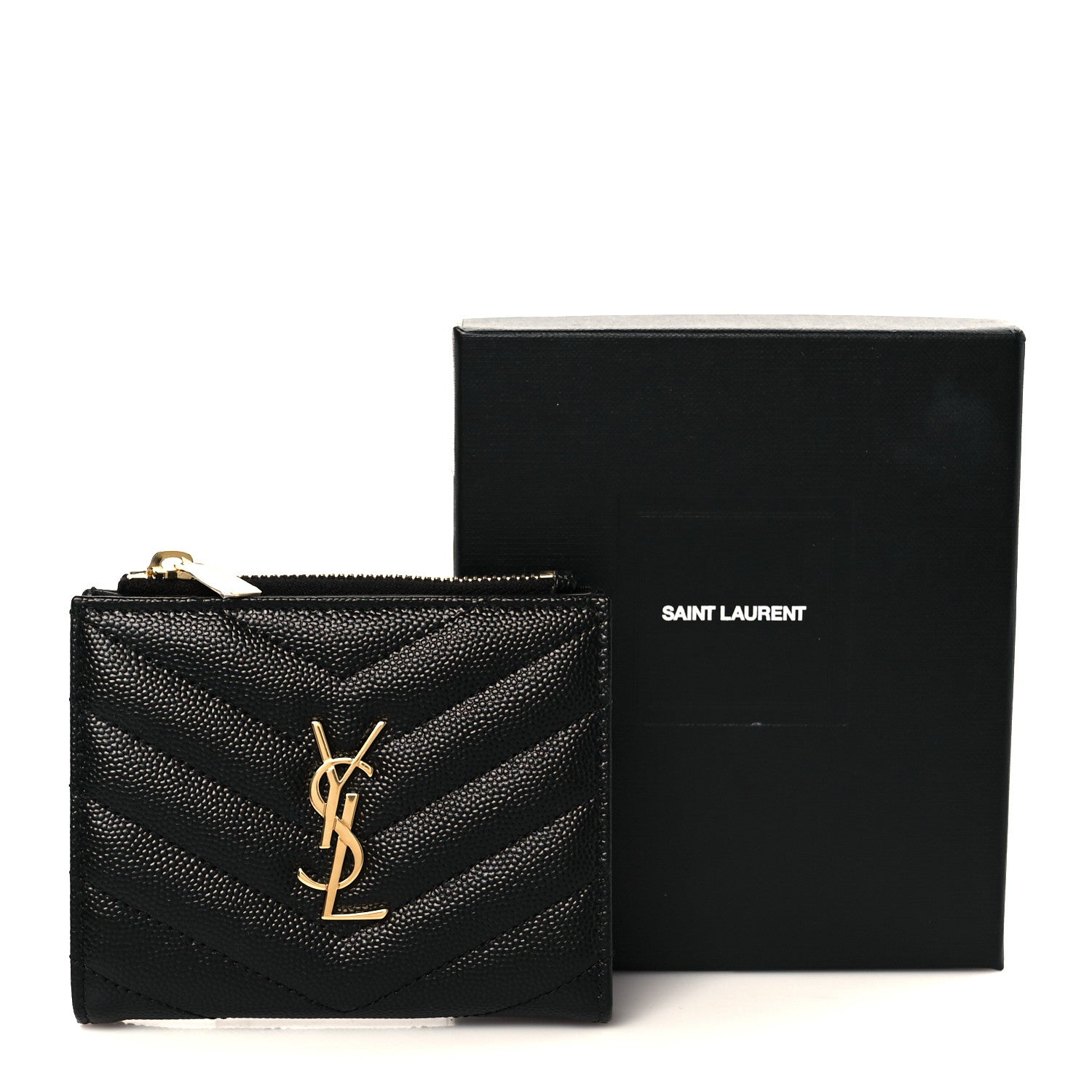Saint Laurent Grain De Poudre Matelasse Chevron Monogram Zipped Card Case Black 10 of 10