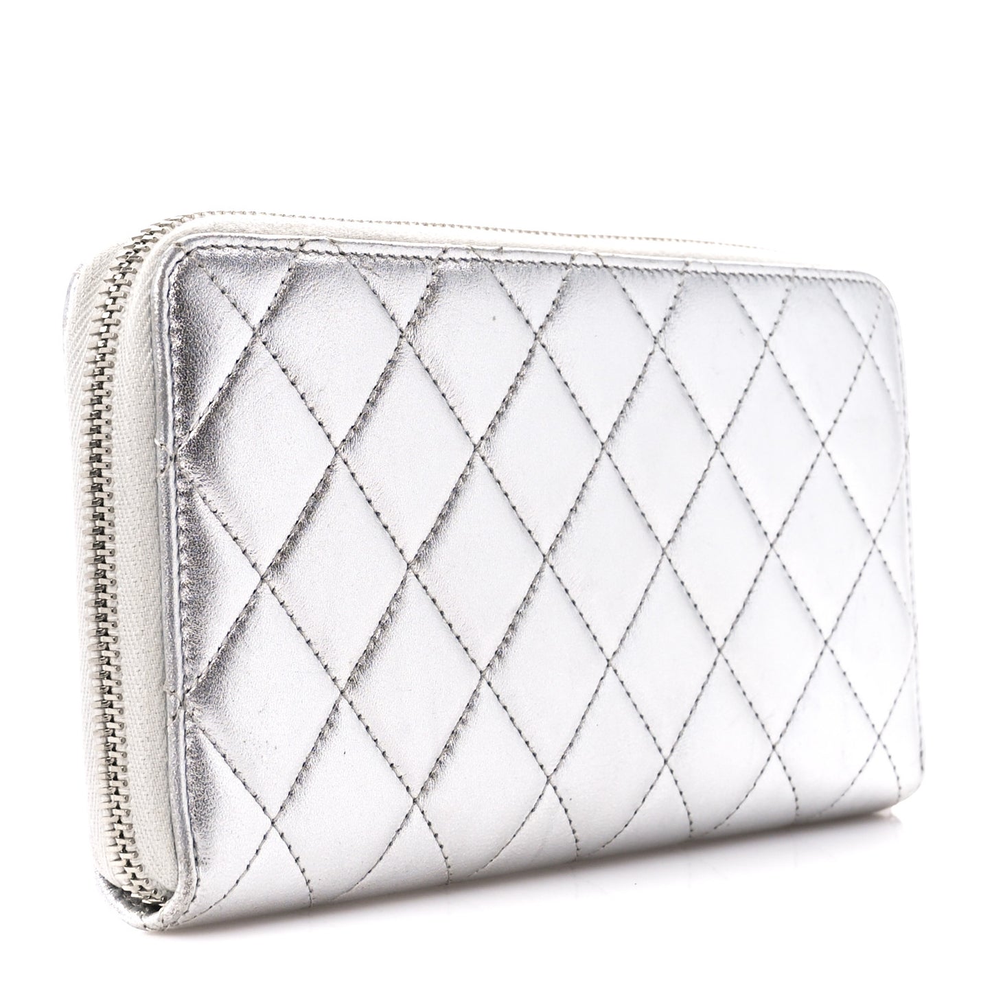Metallic Lambskin Quilted Large Gusset Zip Around Wallet Silver