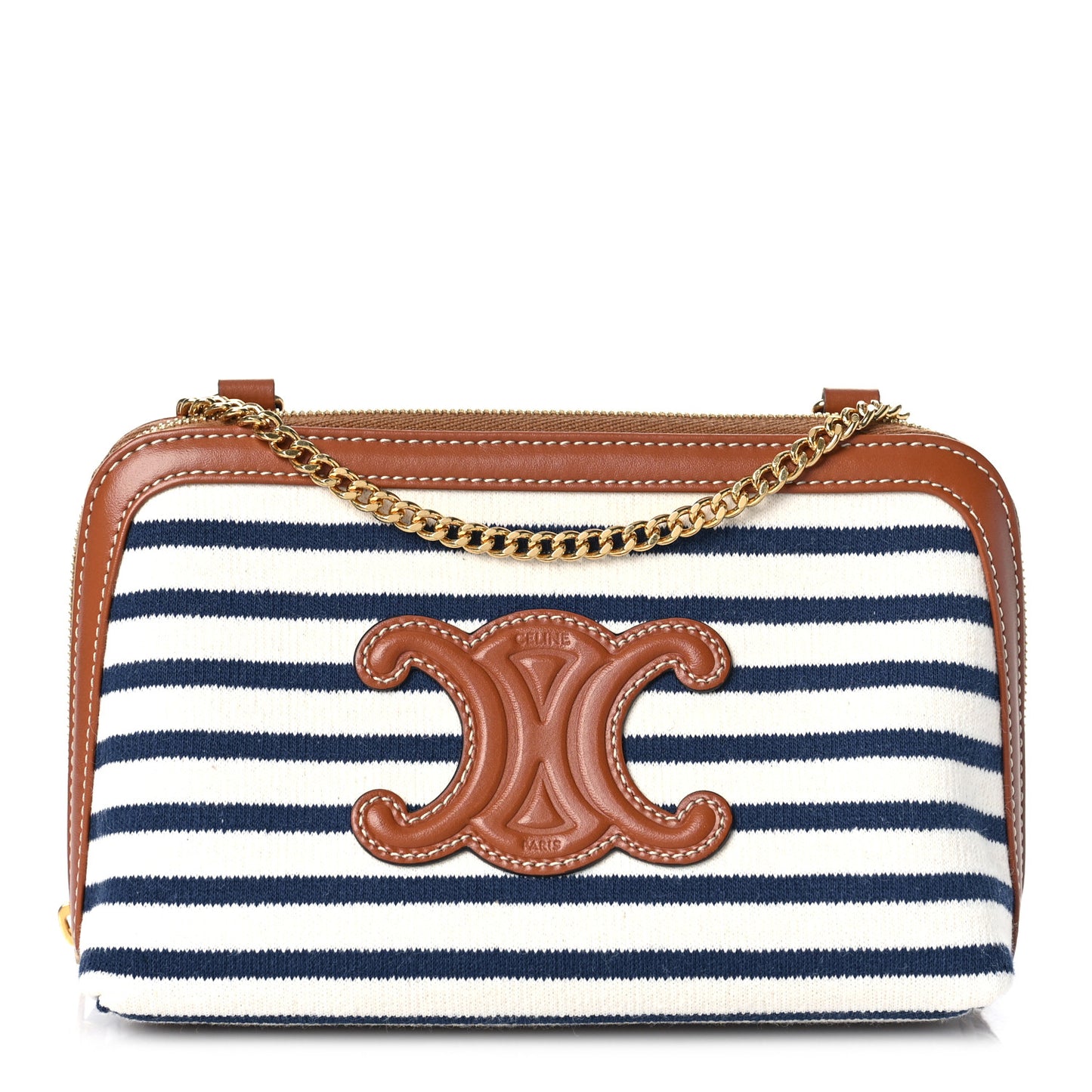 Canvas Calfskin Striped Triomphe Mini Clutch on Chain Navy