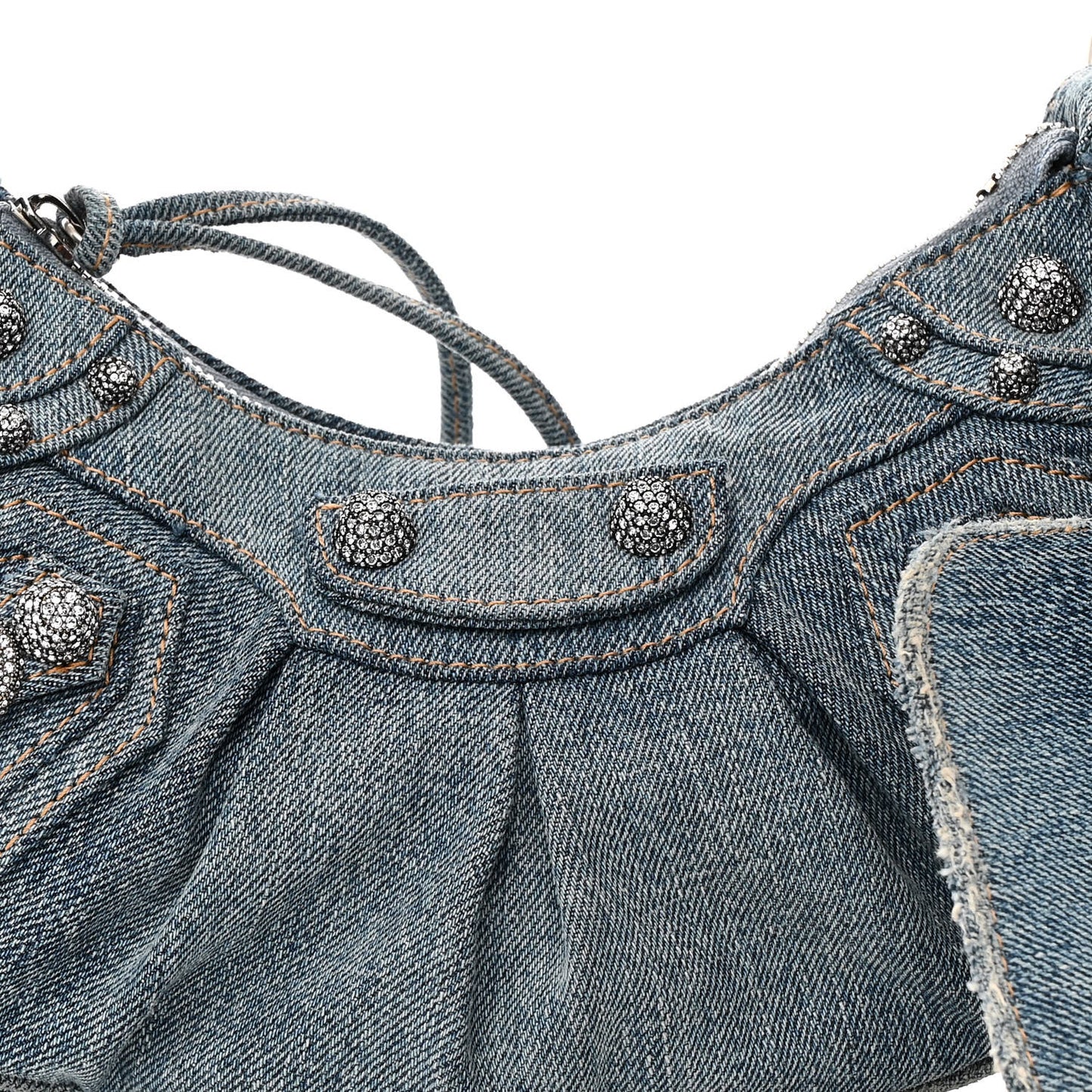 Washed Frayed Denim Crystal Le Cagole Shoulder Bag XS Blue