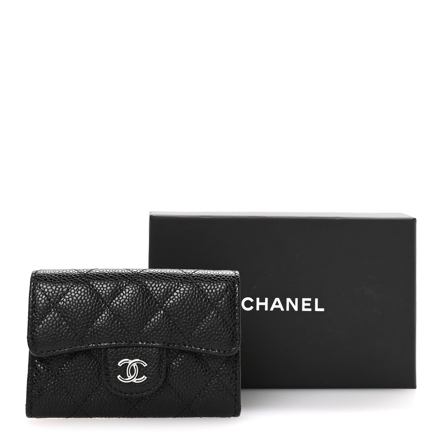 Caviar Quilted Flap Card Holder Wallet Black