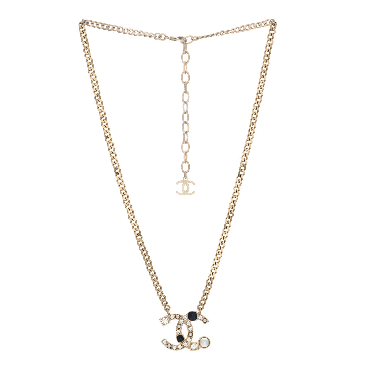 Chanel Crystal Pearl Resin CC Chain Necklace Gold Pearly White Black 2 of 4