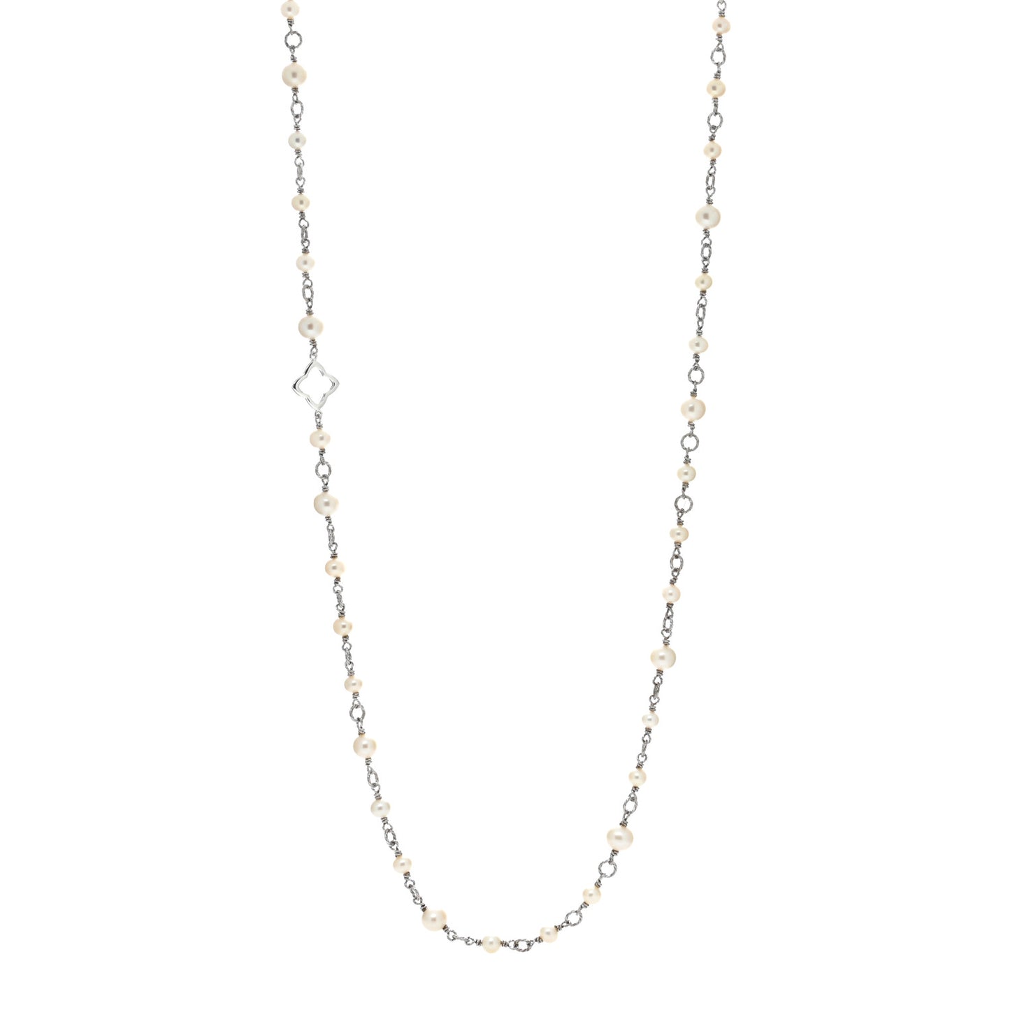 Sterling Silver Pearl 9mm Quatrefoil Long Chain Necklace