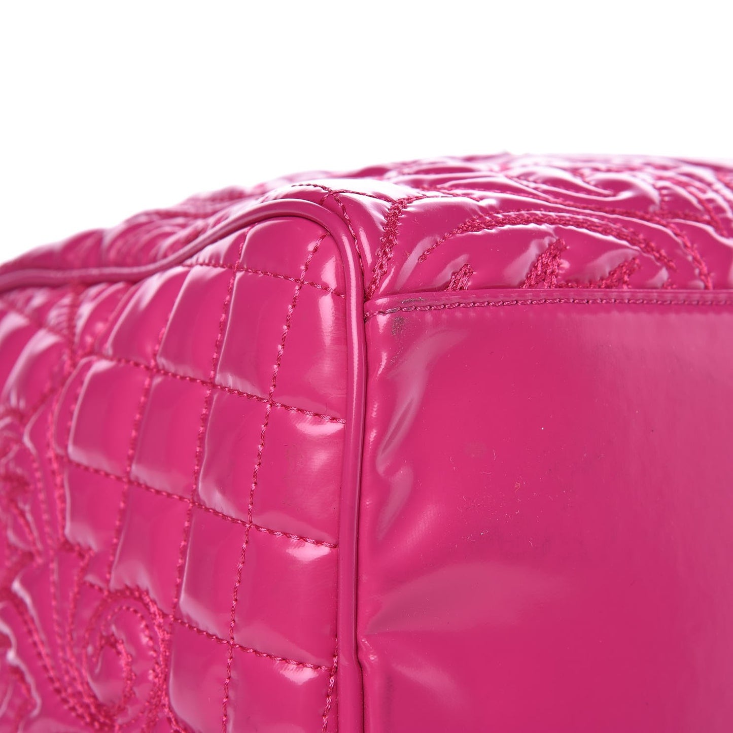 Patent Barocco Quilted Vanitas Bowling Bag Fuchsia
