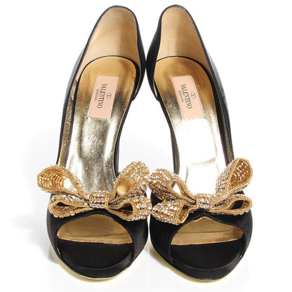 Valentino Garavani Satin Crystal Bow Peep Toe d'Orsay High Heel Pumps 39.5 Black 2 of 7