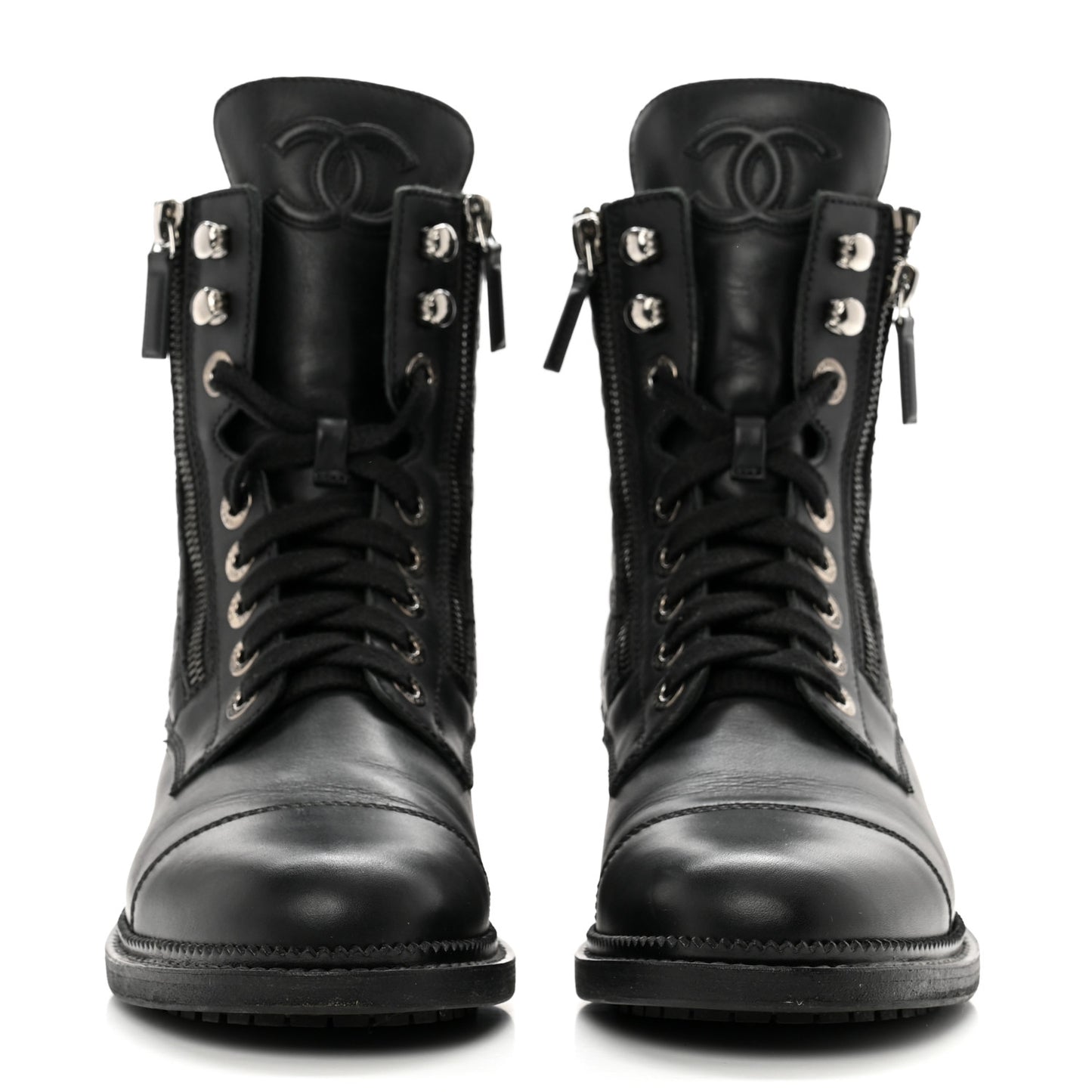 Calfskin Quilted Lace Up Combat Boots 37 Black