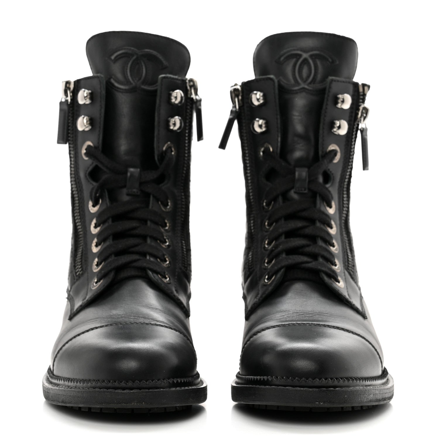 Chanel Calfskin Quilted Lace Up Combat Boots 37 Black 2 of 10
