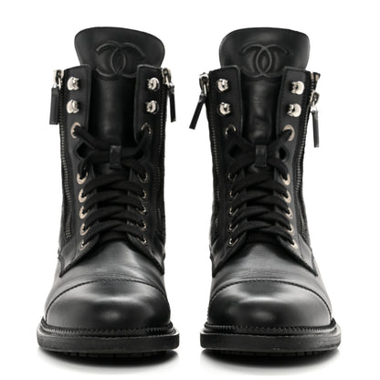 Chanel Calfskin Quilted Lace Up Combat Boots 37 Black 2 of 10