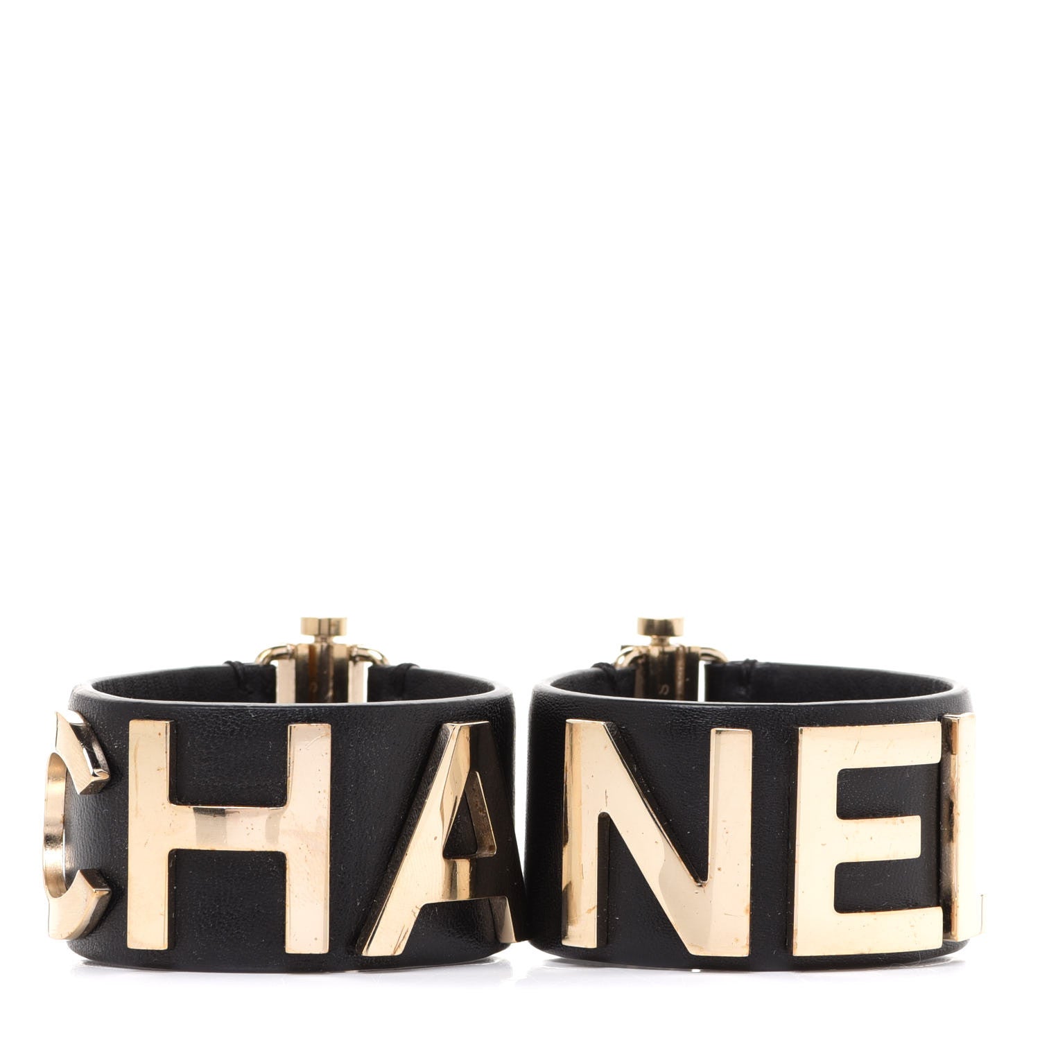 Chanel Lambskin Cha-Nel Logo Cuff Set S Gold Black 3 of 7