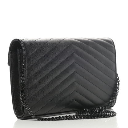 Saint Laurent Grain De Poudre Matelasse Chevron Monogram Chain Wallet Black 3 of 11