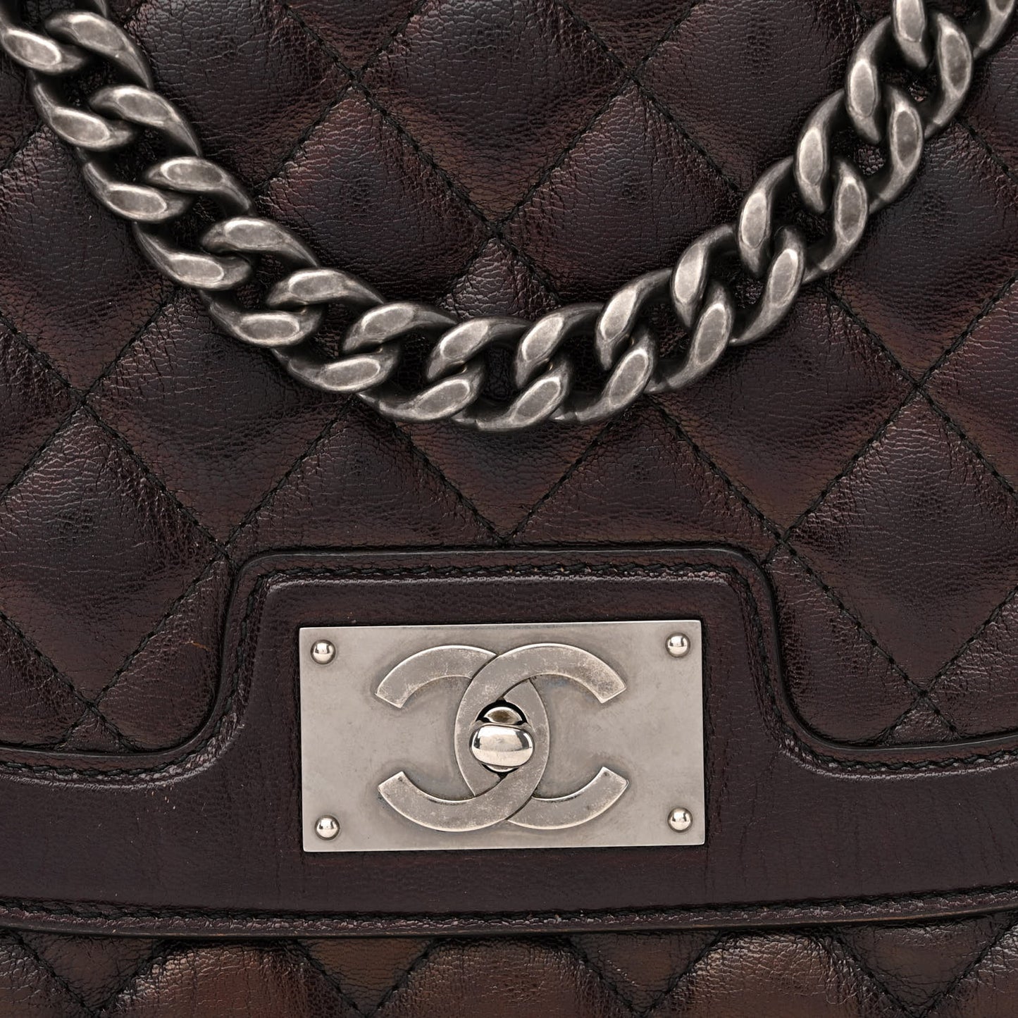 Shiny Goatskin Quilted Medium Double Chained Messenger Flap Charcoal