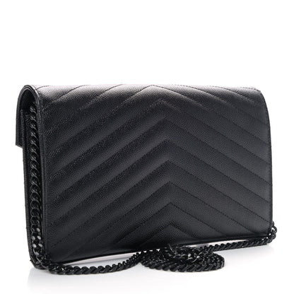 Saint Laurent Grain De Poudre Matelasse Chevron Monogram Chain Wallet Black 2 of 4