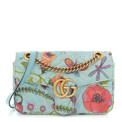 Gucci X UNSKILLED WORKER Calfskin Matelasse Flora Painted Small GG Marmont Shoulder Bag Cloudy Blue Multicolor 1 of 16