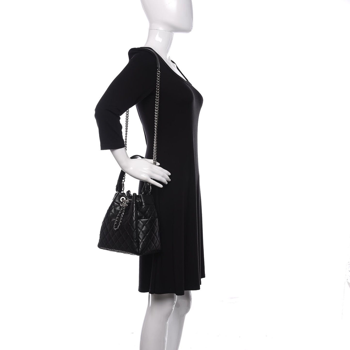Grained Calfskin Quilted CC Chain Bucket Drawstring Bag Black