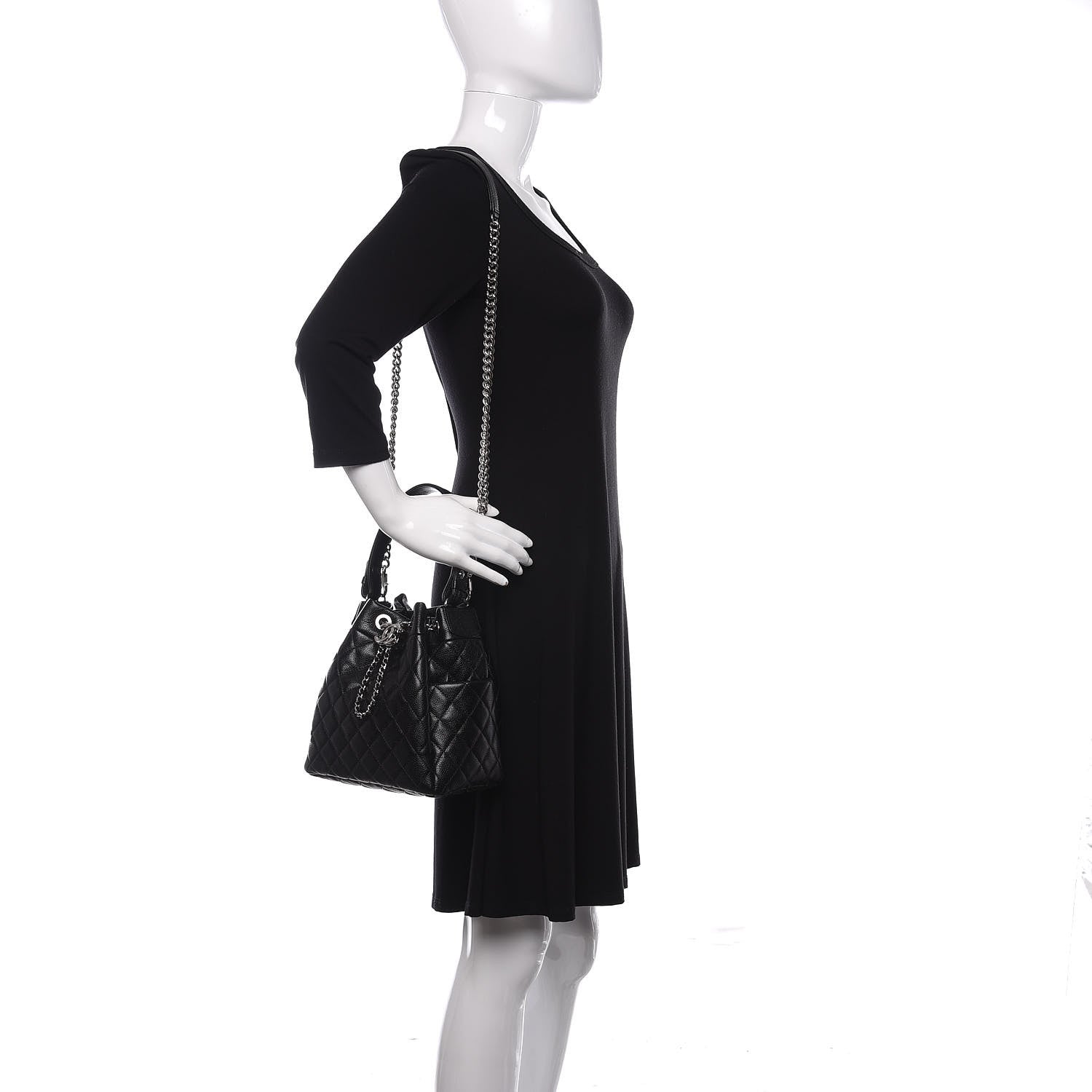Chanel Grained Calfskin Quilted CC Chain Bucket Drawstring Bag Black 2 of 12