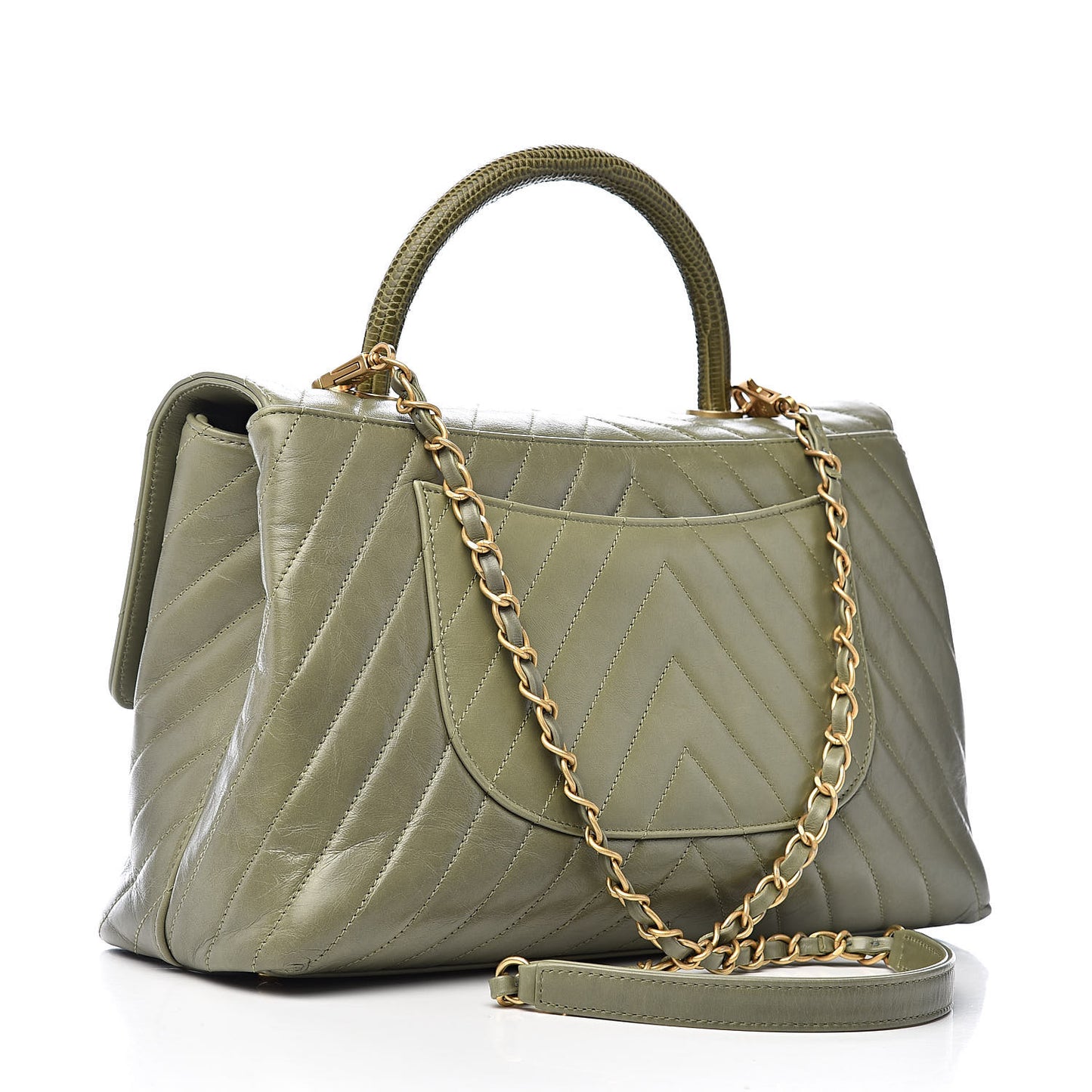 Calfskin Lizard Chevron Quilted Medium Coco Handle Flap Green