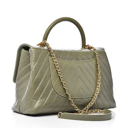 Chanel Calfskin Lizard Chevron Quilted Medium Coco Handle Flap Green 3 of 12