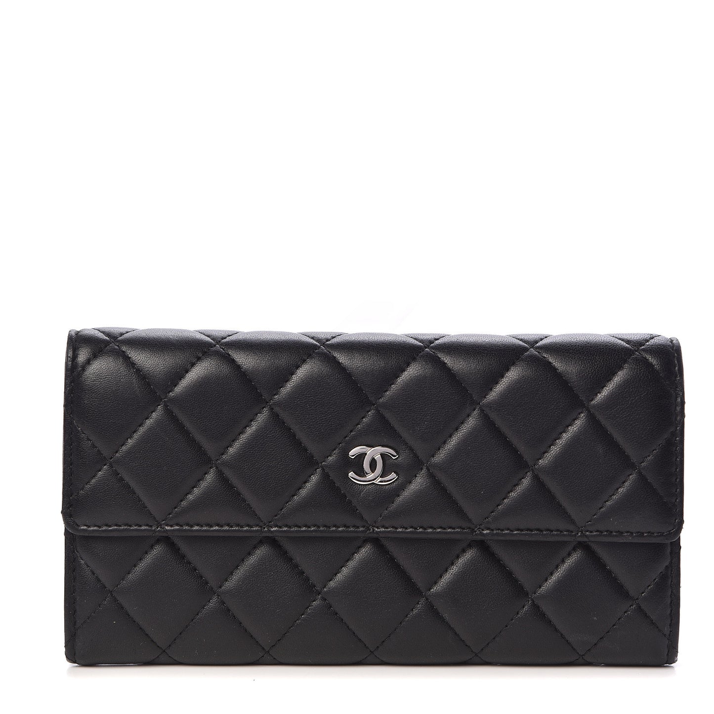 Lambskin Quilted Large Gusset Flap Wallet Black