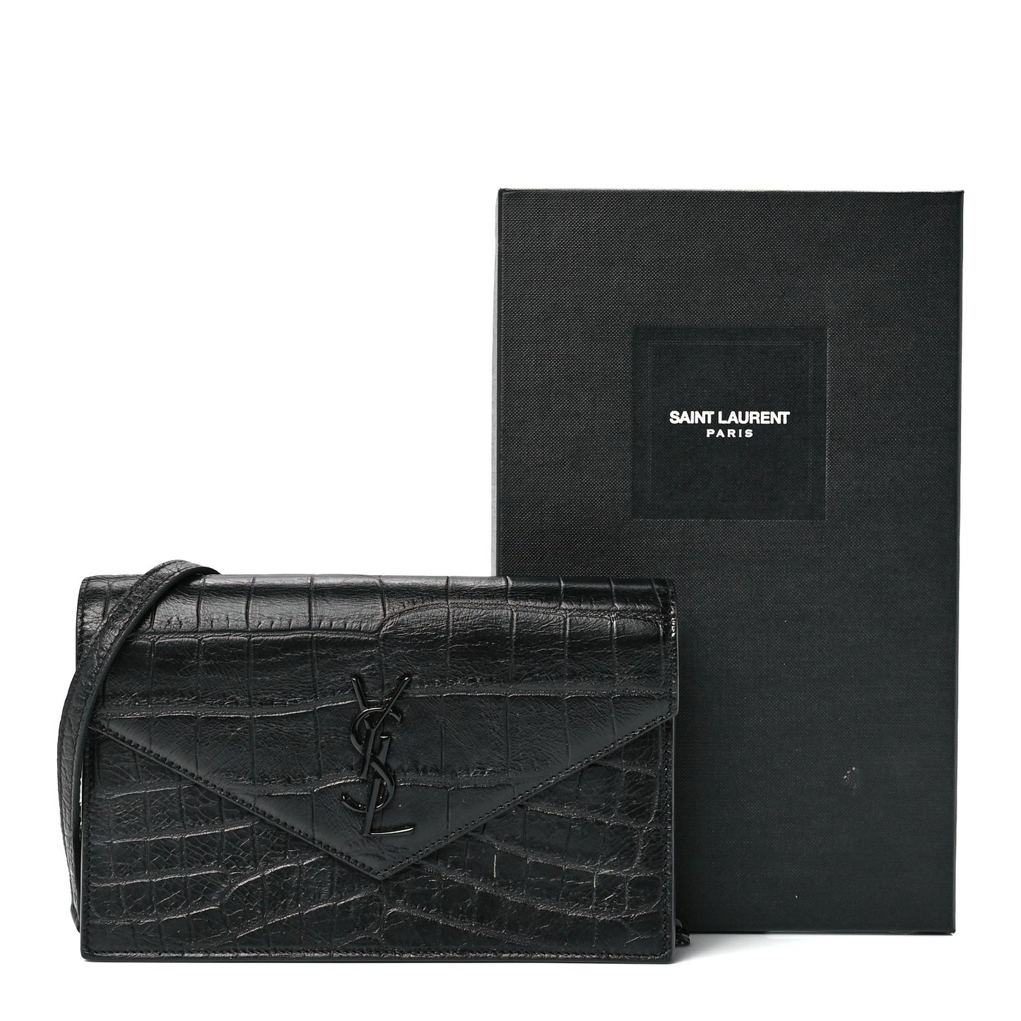 Calfskin Crocodile Embossed Monogram Envelope Chain Wallet Black