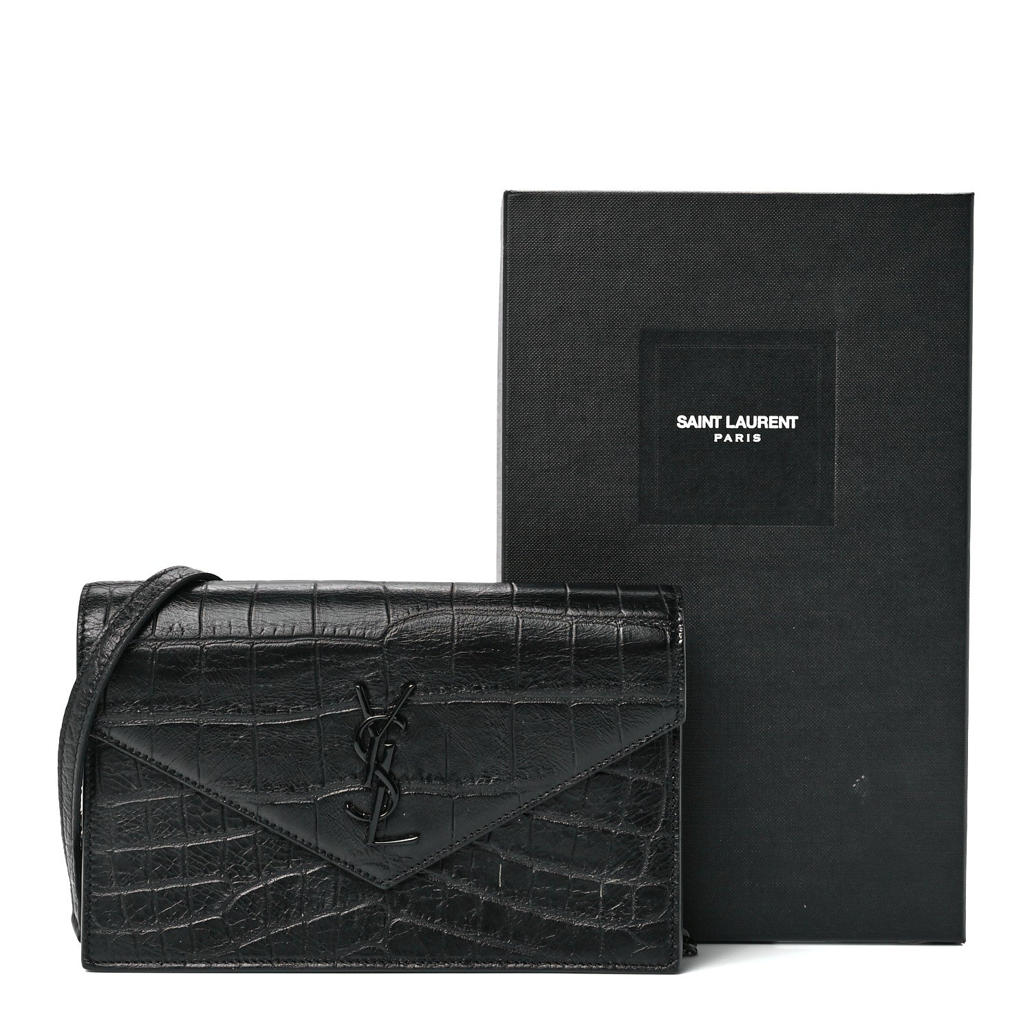 Saint Laurent Calfskin Crocodile Embossed Monogram Envelope Chain Wallet Black 12 of 12