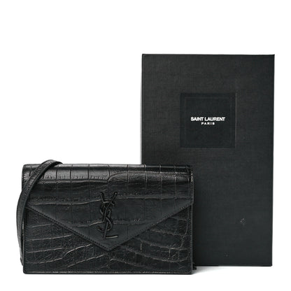 Saint Laurent Calfskin Crocodile Embossed Monogram Envelope Chain Wallet Black 12 of 12
