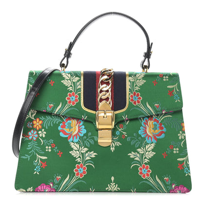 Gucci Jacquard Floral Medium Sylvie Top Handle Bag Green Multicolor Black 1 of 9